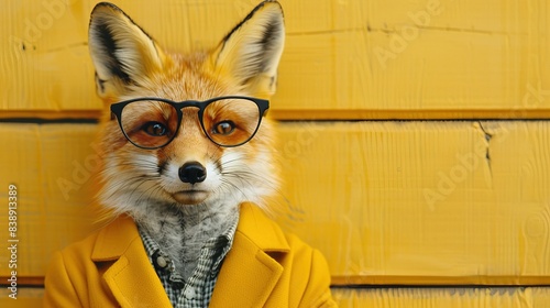 Modern fox in fashionable trendy outfit with hipster glasses and yellow business suit. Creative animal concept banner. Pastel yellow background banner with copyspace