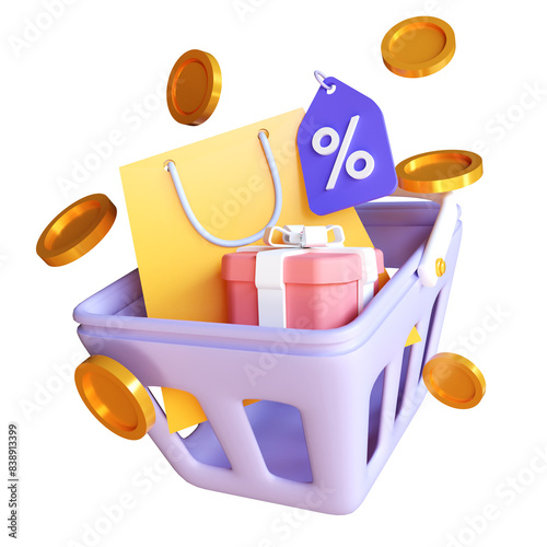 3d basket shopping with price tag for online shopping and supermarket concept. basket products icon and promotion tag. Shopping bag for buy, sale, discount and earn point. Cash back, flash sale. 