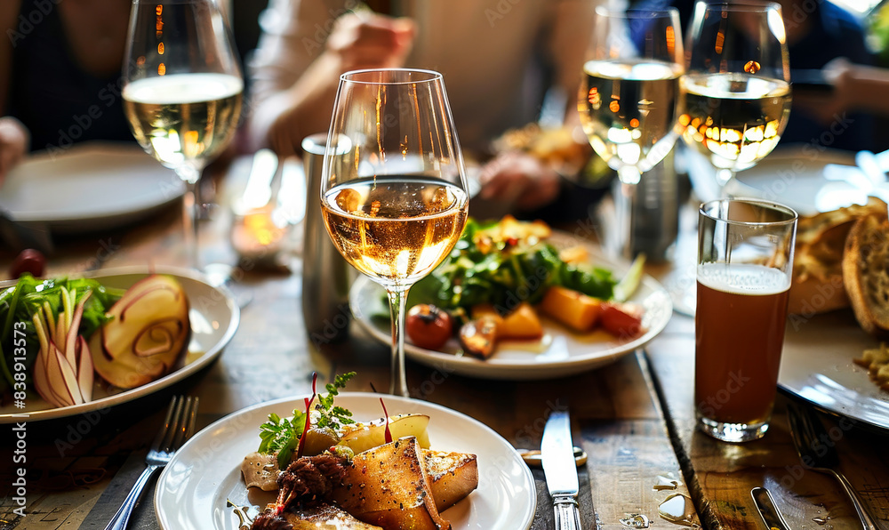 Elegant Evening Dining with Friends at Upscale Restaurant, Glass of White Wine, Gourmet Food, Relaxed Atmosphere, Social Gathering, Classy Lifestyle