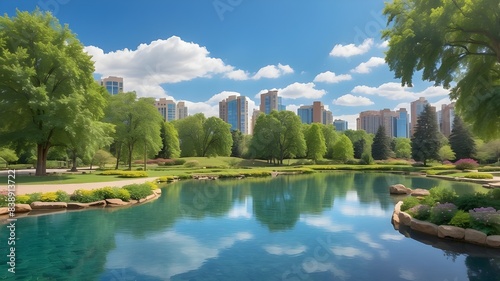 Experience the tranquility of a city oasis with this breathtaking panorama of a spring or summer park  where a peaceful pond mirrors the lush trees and radiant blue sky on a sun-drenched day  offering