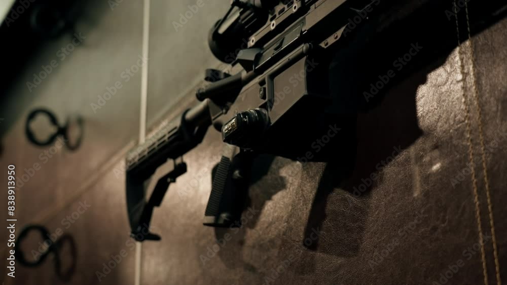 close-up at a professional shooting range stand with professional long-range NATO weapons
