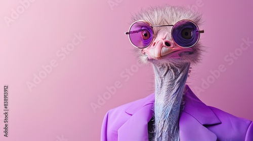 Modern emu turtle in fashionable trendy outfit with hipster glasses and purple business suit. Creative animal concept banner. Pastel purple background banner with copyspace photo