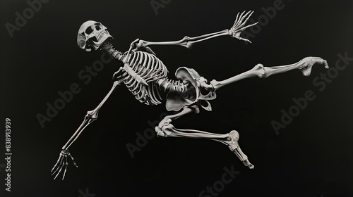 Eye-level angle of a human skeleton, posed like a ballet dancer in a graceful arabesque, set against a stark black background, oil painting style, detailed bones with subtle highlights and shadows