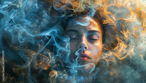 A woman's face is half-submerged in a swirling vortex of blue and gold mist.