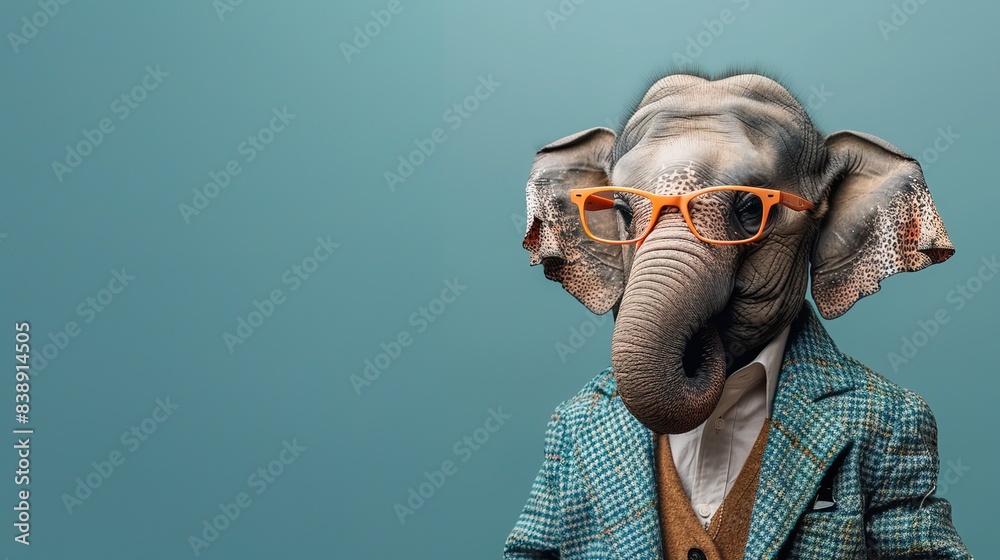 Modern elephant in fashionable trendy outfit with hipster glasses and business suit. Creative animal concept banner. Pastel background banner with copyspace