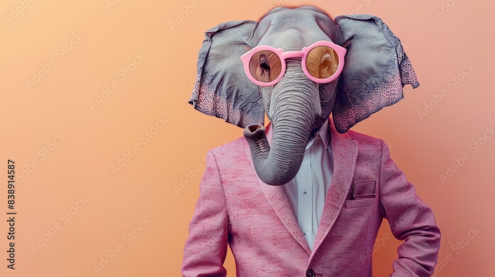 Modern elephant in fashionable trendy outfit with hipster glasses and business suit. Creative animal concept banner. Pastel background banner with copyspace Modern elephant in fashionable trendy outfit with hipster glasses and business suit. Creative animal concept banner. Pastel background banner with copyspace