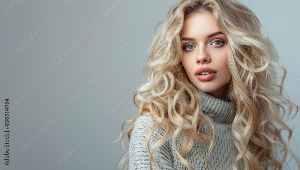 Fototapeta premium A beautiful blonde girl with long curly hair in a studio on a gray background, a portrait of a young woman with a perfect hairstyle and shiny hair, a beauty concept for makeup and color care products