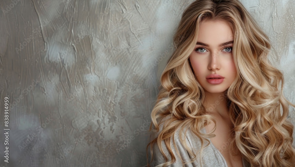 A beautiful blonde girl with long curly hair in a studio on a gray background, a portrait of a young woman with a perfect hairstyle and shiny hair, a beauty concept for makeup and color care products A beautiful blonde girl with long curly hair in a studio on a gray background, a portrait of a young woman with a perfect hairstyle and shiny hair, a beauty concept for makeup and color care products