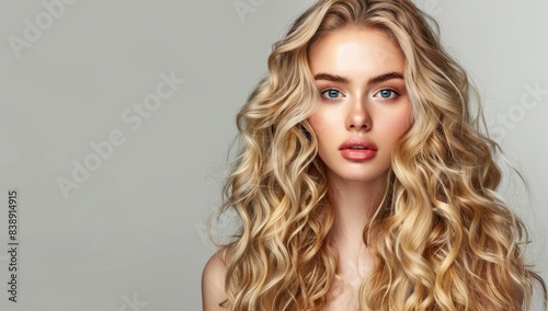 A beautiful blonde girl with long curly hair in a studio on a gray background, a portrait of a young woman with a perfect hairstyle and shiny hair, a beauty concept for makeup and color care products