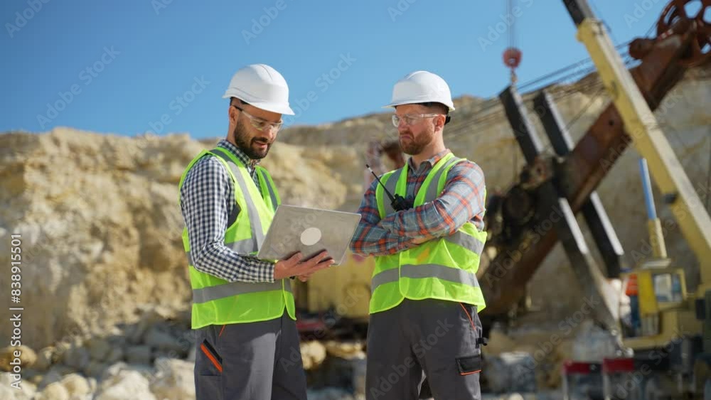Two engineers geologists looks a quarry excavation plan in laptop, excavator in the background Two engineers geologists looks a quarry excavation plan in laptop, excavator in the background