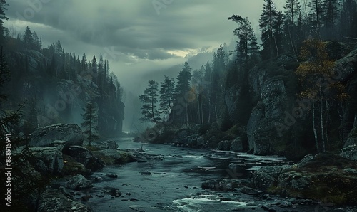 A dark rugged forest overhangs a river along photo