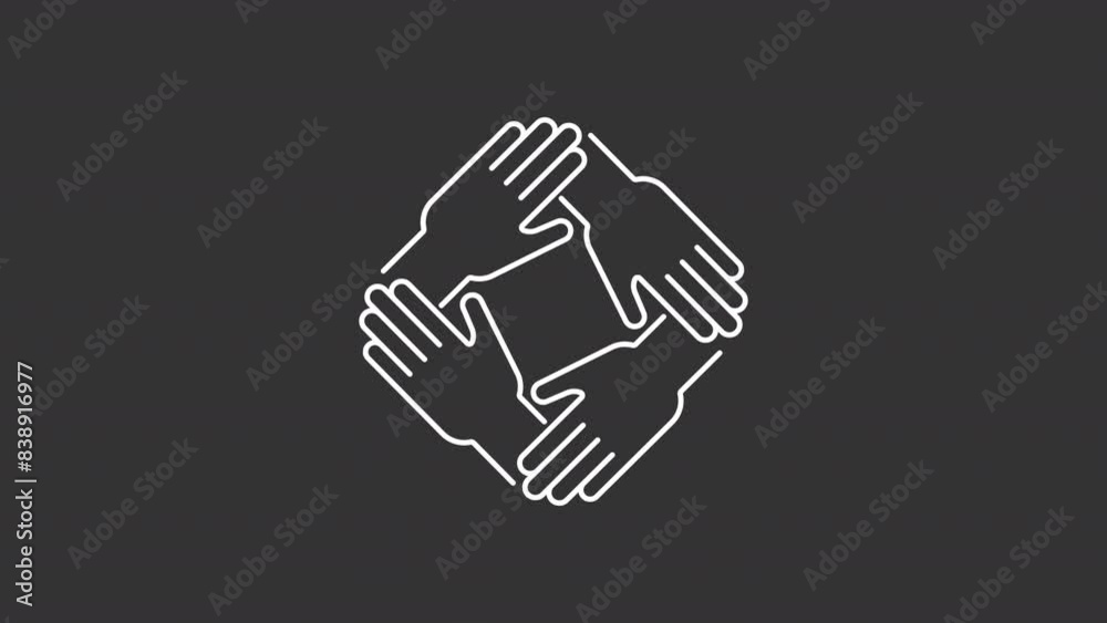 Unity white line animation. Animated hands forming circle icon. Community service. Solidarity. Volunteer work. Isolated illustration on dark background. Transition alpha video. Motion graphic Unity white line animation. Animated hands forming circle icon. Community service. Solidarity. Volunteer work. Isolated illustration on dark background. Transition alpha video. Motion graphic