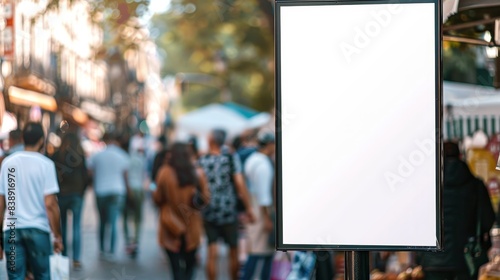 Blank billboard among busy street with people and blurred buildings in the background on a sunny day.
