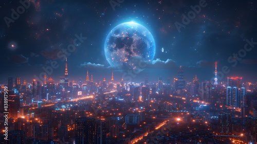 A stunning cityscape under a clear night sky  featuring a huge  glowing moon above a modern  illuminated metropolis.