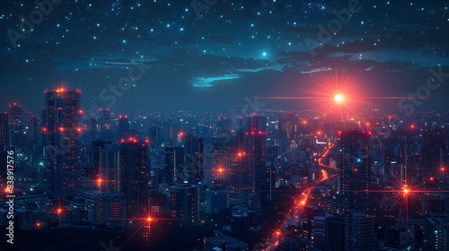 A stunning view of a futuristic city skyline at night with vibrant lights and a glowing sunrise, highlighting urban development and modern architecture.