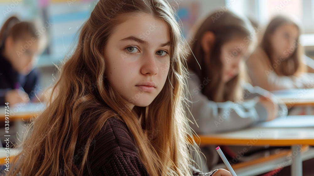 A beautiful girl with long hair is sitting in the classroom A beautiful girl with long hair is sitting in the classroom