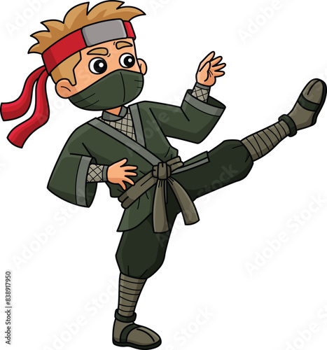 Ninja Doing Martial Arts Cartoon Colored Clipart 