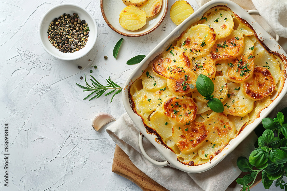 Mom's Scalloped Potatoes, top view, stock image, white background, with empty copy space Mom's Scalloped Potatoes, top view, stock image, white background, with empty copy space