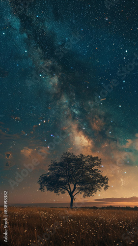 a serene, beautiful landscape with a lone tree under the starry night sky, The scene is calm and peaceful, with a soft glow from the moonlight.