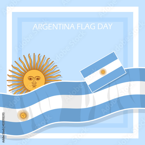 Argentina Flag Day event banner.  Argentina flag with ribbon in frame on light blue background to celebrate on June 20th