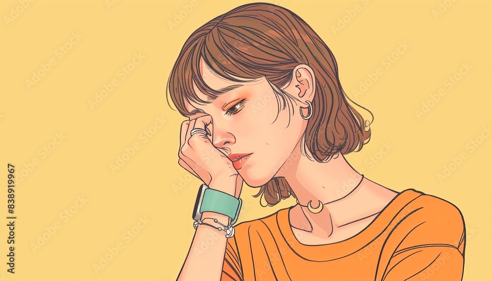 Digital illustration of a pensive young woman with short hair, leaning on her hand against a yellow background. Digital illustration of a pensive young woman with short hair, leaning on her hand against a yellow background.
