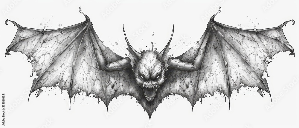 A gothic-style bat tattoo with spread wings in black ink against a ...