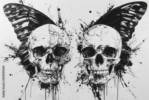 Butterfly and skull tattoo creatively blend in black ink on a plain white backdrop