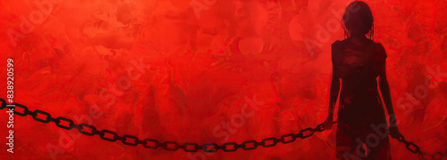 Is this the world we want? A silhouette of freedom: breaking the chains of human trafficking. A womans silhouette stands against a red background, a chain breaking in her hand