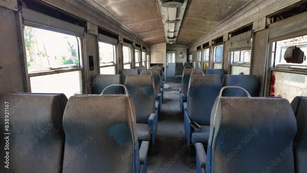Old Abandoned Seats In An Old Train In Peloponnese, Greece - Panning Shot Old Abandoned Seats In An Old Train In Peloponnese, Greece - Panning Shot