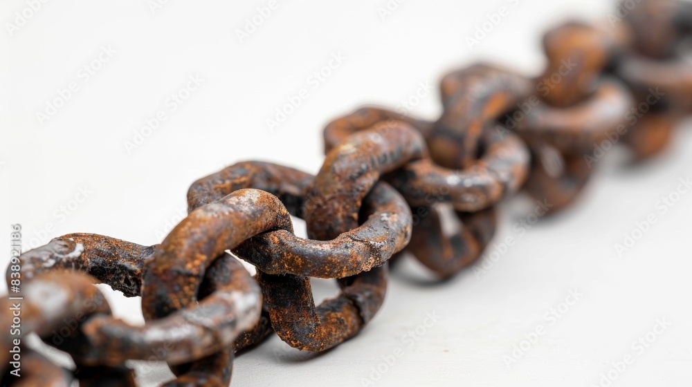 Obraz premium rusty old bicycle chain on isolated white background, Material work concept for designer