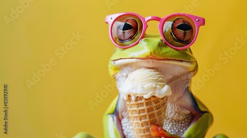 Funny animal pet summer holiday vacation photography banner - Closeup of frog with sunglasses, eating ice cream in cone