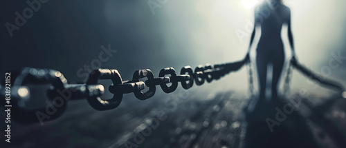 Break the chains of human trafficking. A close-up shot of a chain with a blurred silhouette of a person walking in the background, representing the fight against human trafficking.