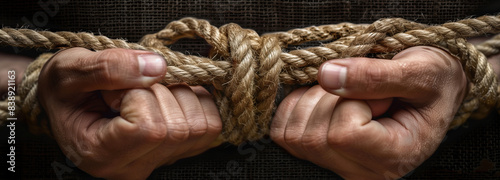 Human trafficking concept. Is this the world we want? Close-up image of hands bound together with thick rope, highlighting the physical and emotional confinement of human trafficking.