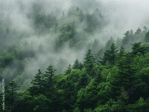 Serene Morning Fog Over Mystical Forest - Wide Shot Unsplash Photography