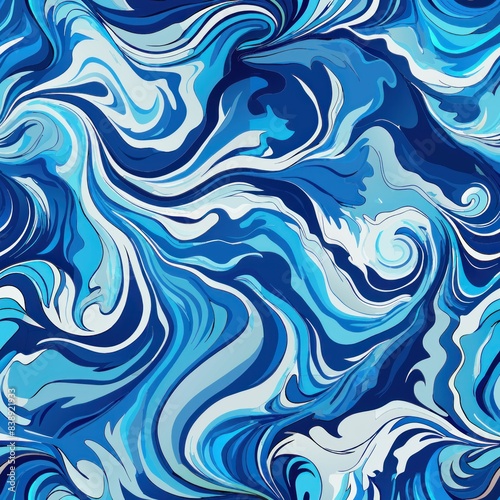 Seamless pattern of swirling marble textures in shades of blue and white resembling ocean waves, Generative AI © fahmy
