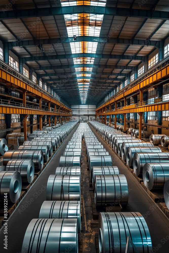A large warehouse aisle showcases rows of large metal coils stored on either side. Aluminium and stainless steel cargo. vastness and orderly storage of industrial materials. A large warehouse aisle showcases rows of large metal coils stored on either side. Aluminium and stainless steel cargo. vastness and orderly storage of industrial materials.