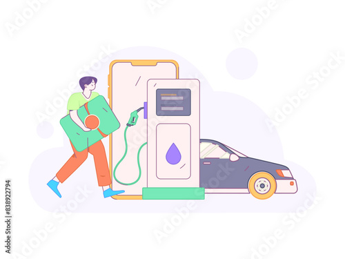 Vector Internet operation hand-drawn illustration of people getting discounts for refueling their cars
