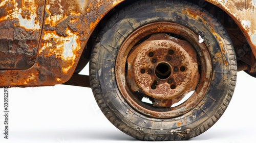 rusty old car wheel on isolated white background, Material work concept for designer