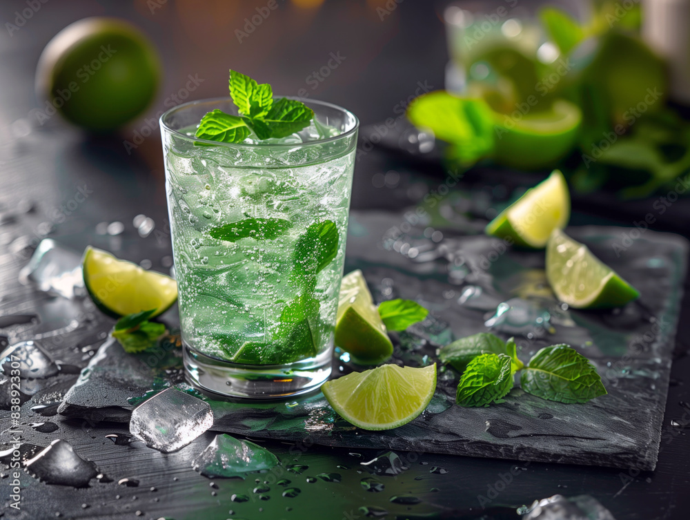 A glass of mojito with a lime slice in it sits on a black table A glass of mojito with a lime slice in it sits on a black table