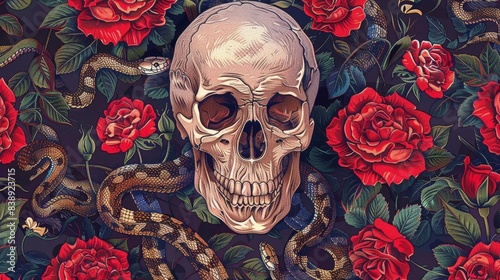 Wallpaper Mural Intricate embroidery of a human skull front-view, entwined snake and vivid red roses, blending into a seamless pattern, digital illustration, rich textures, popping colors Torontodigital.ca