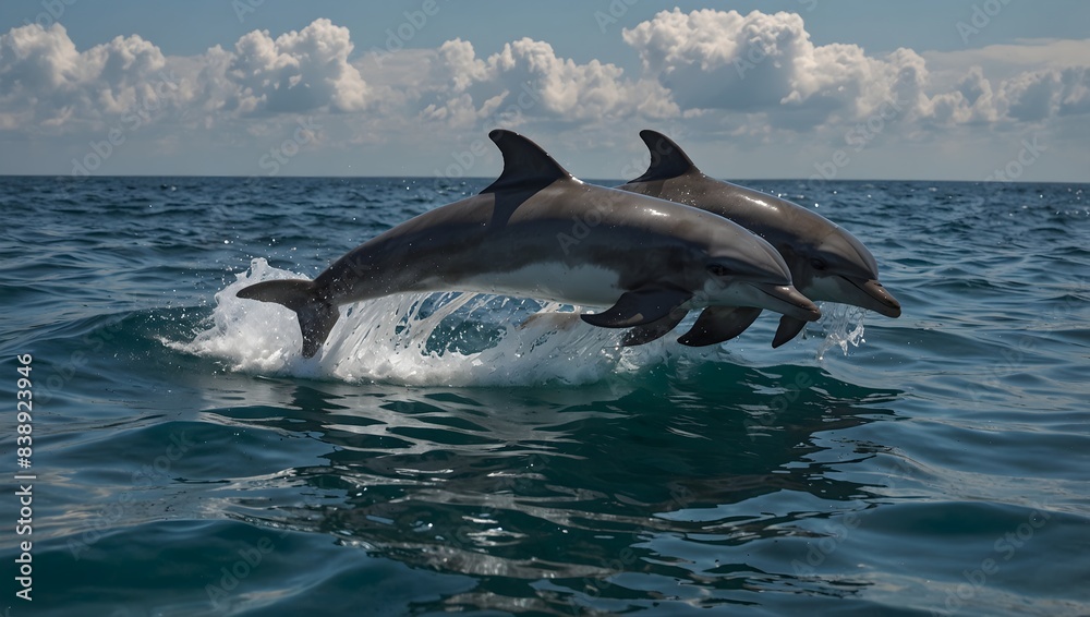 Naklejka premium The graceful majesty of a pod of dolphins dancing in the azure waves ai_generated