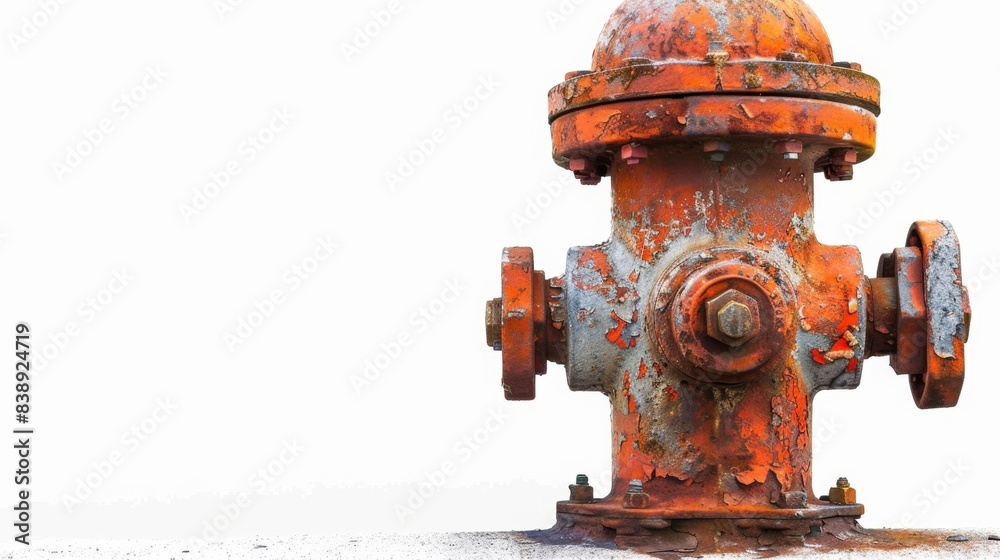 rusty old fire hydrant on isolated white background, Material work concept for designer