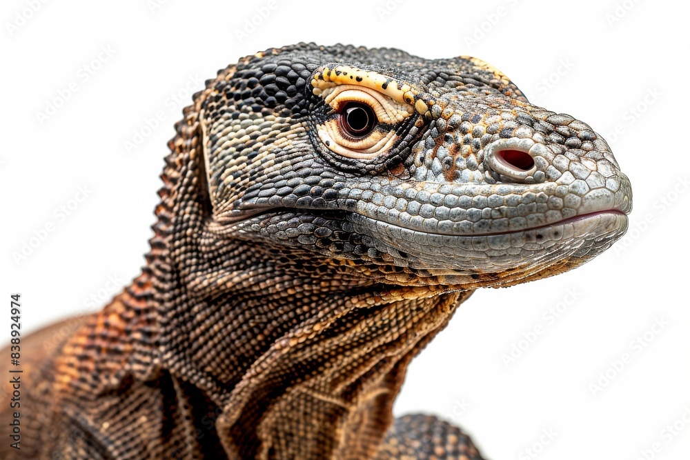 Mystic portrait of Komodo Dragon studio, copy space on right side, Anger, Menacing, Headshot, Close-up View Isolated on white background Mystic portrait of Komodo Dragon studio, copy space on right side, Anger, Menacing, Headshot, Close-up View Isolated on white background