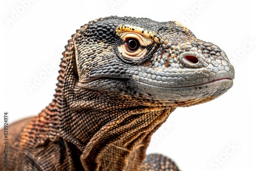 Mystic portrait of Komodo Dragon studio  copy space on right side  Anger  Menacing  Headshot  Close-up View Isolated on white background