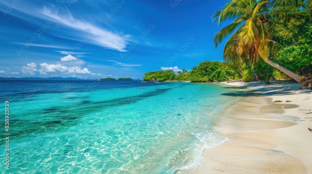 A serene, tropical beach with clear blue water and white sand.