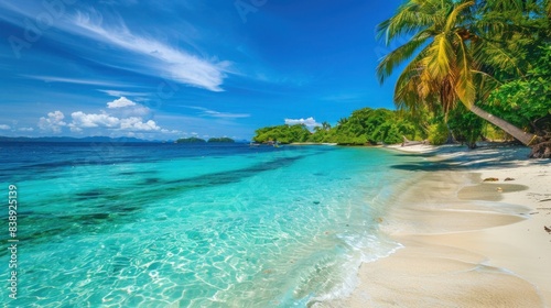 A serene, tropical beach with clear blue water and white sand.