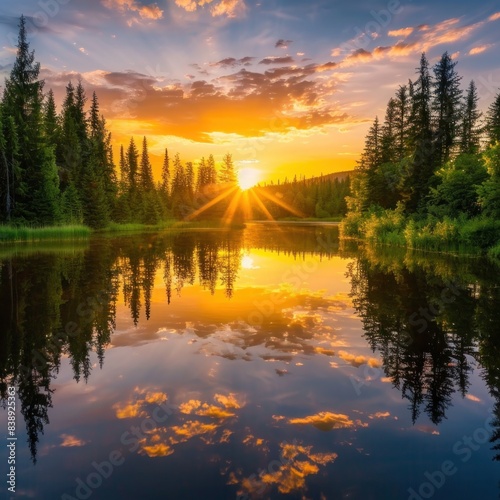 A serene sunset over a tranquil lake surrounded by vibrant trees, reflecting the beauty and calmness of untouched nature. photo