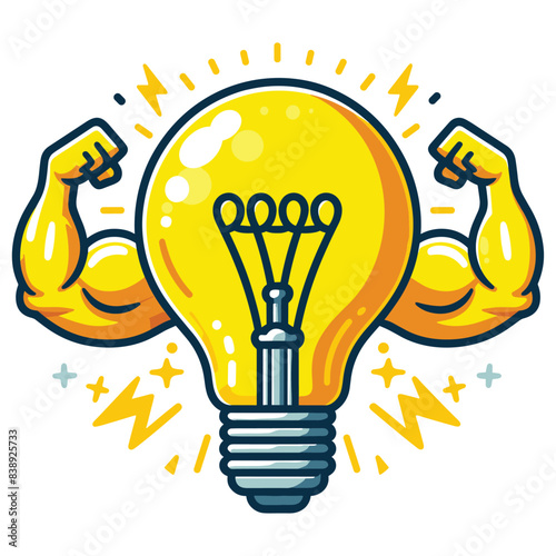 Light bulb drawn in yellow with muscular arms