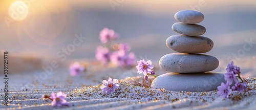 A minimalist representation of a Balanced stones on a bed of sand with small flowers, with empty copy space