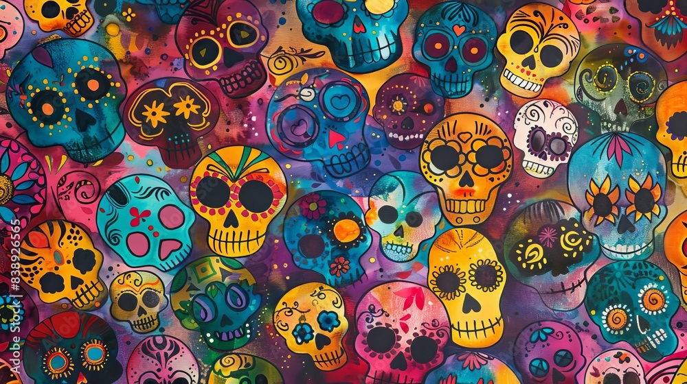 Low-angle view of vibrant Day of the Dead celebration, intricate skulls pattern, colorful Dia de los Muertos designs, festive Mexican Halloween texture